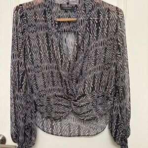 Olivaceous Dark Navy and Cream Patterned Sheer Blouse